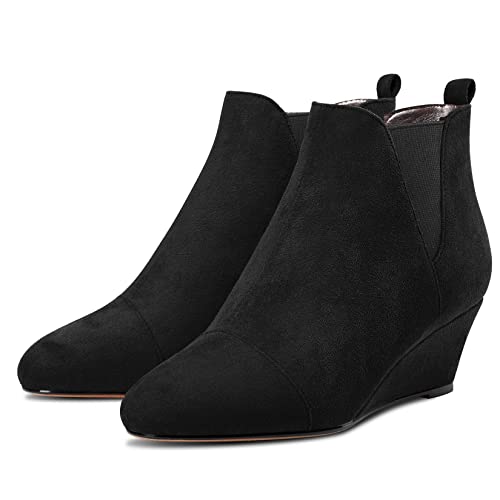HEUIVZAR Womens Ankle Boots Short Bootie Chunky Block Low Wedge Heel Closed Round Toe Suede Dress Shoes Cute 2 Inch4