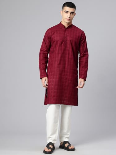 Image of Majestic Man Men's Pure Cotton Textured Check Mandarin Collar Long Kurta