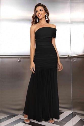 LAGSHIAN Women's Elegant Formal Long Dress One Shoulder Sleeveless Ruched Bodycon Evening Dress2
