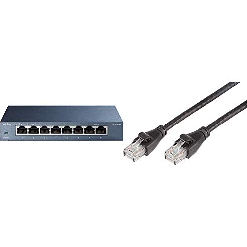 TP-Link TL-SG108 V3 8-Port Gigabit Netzwerk Switch (bis 2000 MBit/s, geschirmte RJ-45 Ports, Metallgehäuse) blau metallic & Amazon Basics Ethernet-Netzwerkkabel, RJ45, Cat6, 3 m, 1.000Mbit/s, 5-Pack