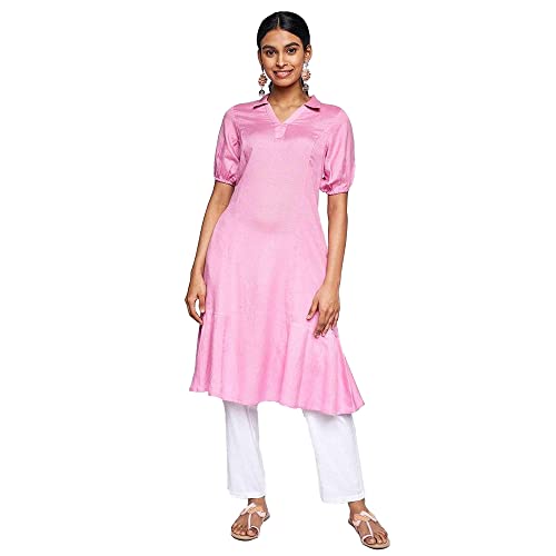 Image of global desi Solid Viscose Collar Neck Womens Flared Kurta (SS22GH048KURL-P)