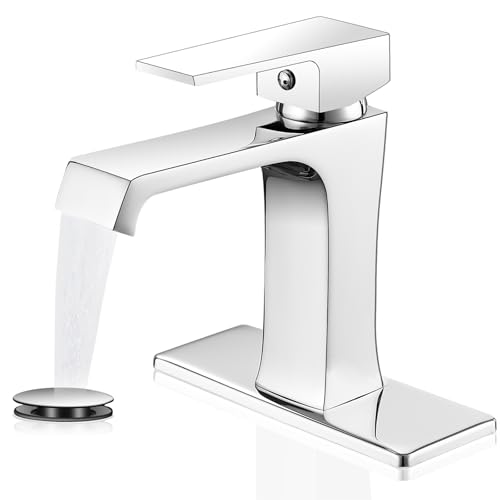 YEUALUQAN Waterfall Bathroom Faucet Chrome Bathroom Sink Faucet, Modern Single Hole Bathroom Faucet, Single Handle RV Sink Vanity Faucet—Includes Pop-Up Drain, Suitable for 1-Hole or 3-Hole - image 1