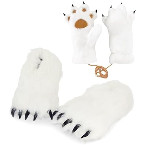 Furry Polar Bear Claw Slippers & Gloves, Plush Animal Feet Paw Slipper Mittens Indoor Non-Slip Hosue Shoes for Xmas Halloween Women 5.5-8.5 (White Set) Cover