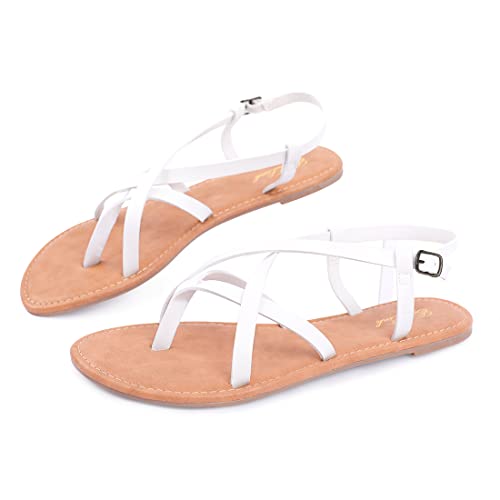 EozLink Women's Strap Sandals Flat Sandal Fisherman Strappy Sandals Gladiator Flat Sandal Roman Sandals Ankle Strap Sandals (White Strap, numeric_9_point_5)