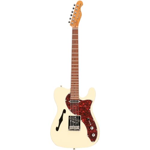 Fazley Sunset Series Tortoise Electric Guitar - Olympic White Semi-Acoustic Hollow Body - Roasted Canadian Maple Neck - Vintage Twangy Sound