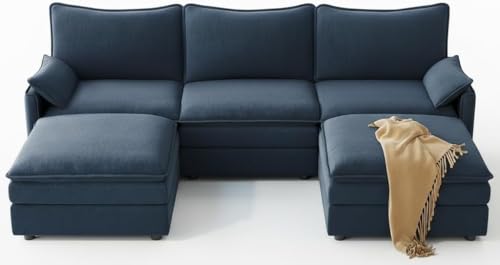 Image of Vesgantti 108 inch U Shaped Sectional Couch, Comfy Cloud Modular Sectional Sofa with 2 Ottoman Deep Seat Chenille Modern Cloud Sofa, Modular Sofas for Living Room, Bedroom and Apartment, Blue