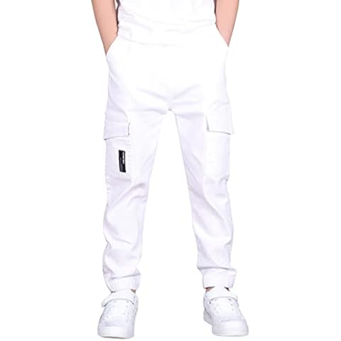 CAMLAKEE Boys Trousers Cargo Pants Kids School Jogging Bottoms Casual Streewear with Elastic Cuffs White UK:9-10 Years (manufacturers's Size: 150) Cover