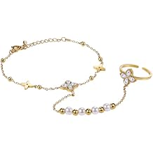 Flower Butterfly Hand Chain Bracelet Womens Stainless Steel Hand Chain Finger Ring Bracelet Boho Bohemian Jewelry for Valentines Birthday
