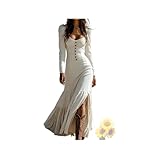 Western Cowgirl Dress for Women Long Sleeve Deep V Neck Boho Vintage Maxi Dress Retro Western Style (White,Medium)