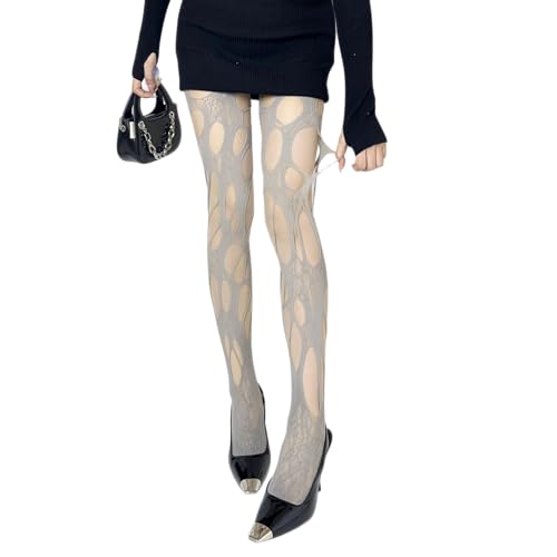 mdgfge Women's Gothic Ripped Fishnet Tights Irregular Hollow Out Hole Mesh Lace Pantyhose Y2K Stockings Halloween Party