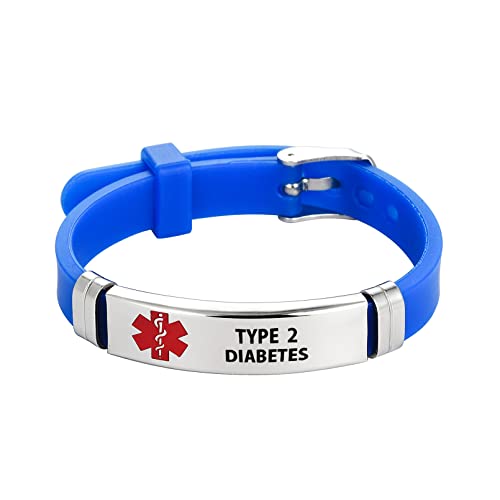 TGLS Pulsera de identificación de alerta médica para hombre, para emergencia, primeros auxilios, alerta de salud, grabado con láser, acero inoxidable, ajustable, de silicona, color azul