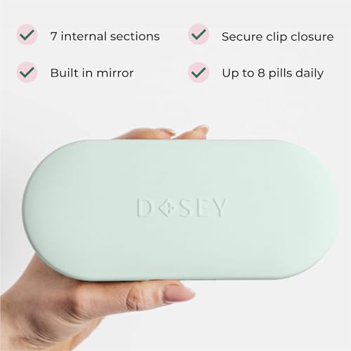 Image of Dosey 7 Day Pill Compact Travel Pill Organizer - Pill Case with 7 Pill Compartments for Medicine Storage & Protection - Stylish & Elegant Medication Organizer with Mirror, Sage