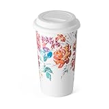 Kaffeebecher aus Keramik, 340 ml, mit Deckel, auslaufsicher, doppelwandig, isoliert, Reise-Kaffeebecher, Aquarell-Pfingstrosen-Muster, Geschenk für Sie zu Weihnachten, Geburtstag, Muttertag, weiße und