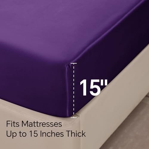 BEDELITE Satin Fitted Sheet and Pillowcases Set, Luxury Soft Similar to Silk Bottom Bedsheet with Elastic Corner Straps, Deep Pocket up to 15 Inch, 1 Fitted Sheet and 2 Pillowcases(Queen, Plum Purple)