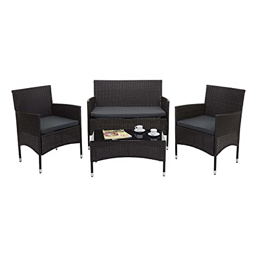 Set de polirratán HWC-F55, set de balcón/jardín/salón Grupo de sofás ~ marrón, cojines gris oscuro