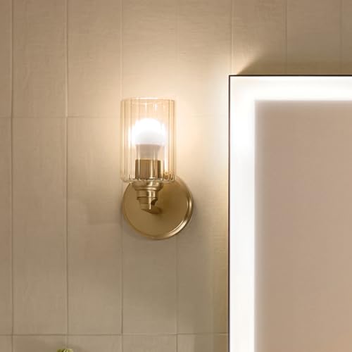 Image of Kichler Gioe 5 inch 1-Light Wall Sconce Bathroom Vanity Light with Clear Fluted Glass in Champagne Bronze, Damp Rated for Powder Room, Kitchen, Hallway, Bedroom (5 inch W x 9.5 inch H), 55224CPZFLU