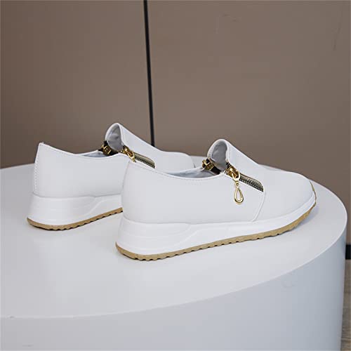 CsgrFagr Ladies Fashion Solid Color Cloth Side Zipper Round Toe Flat Casual Sports Shoes Wide Width Women (White, 7)4