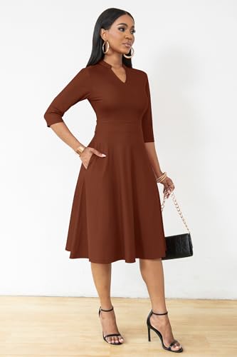 Image of Nmoder Casual Dresses for Women Semi Formal Fit and Flare 3 /4 Sleeve A-line Church Work Dress with Pockets