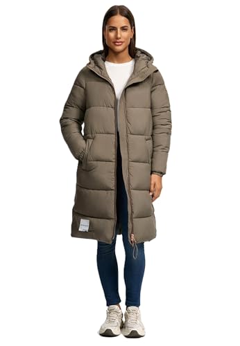 MARIKOO Damen Winterjacke (S-3XL) - Steppjacke, lang geschnitten, gefütterte Kapuze mit Kordelzug, Warme Jacke Frauen - N024 (XL, Stone-Brown)