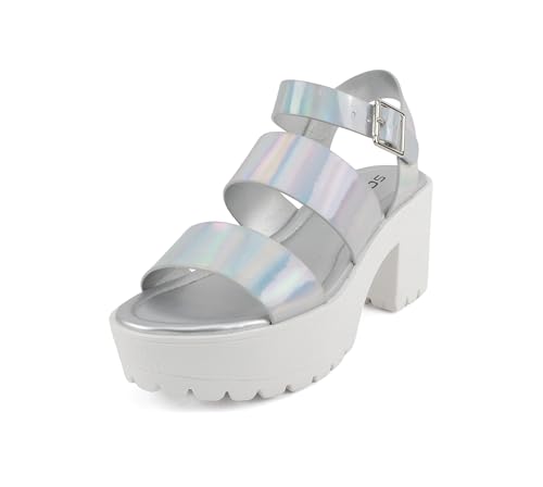 Image of Soda ACCOUNT ~ Women Open Toe Two Bands Lug sole Fashion Block Heel Sandals with Adjustable Ankle Strap