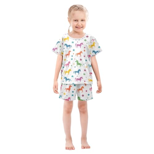 ALAZA Colorful Unicorn Star White Pajamas Set Short Sleeve Cotton Sleepwear Summer Pjs 2 Piece 5-14Y3