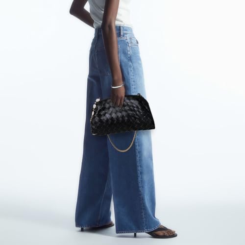 Woven Leather Clutch for Women, Underarm Shoulder Bag Crossbody Purse with Metal and Extender Chain2