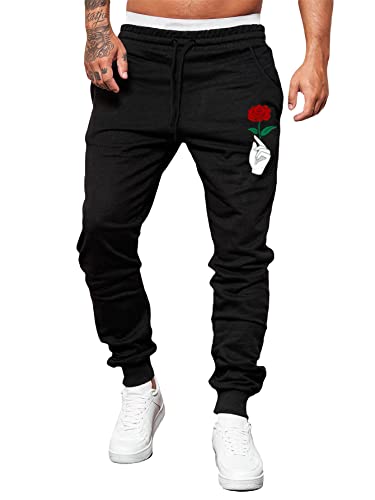Romwe Men s Graphic Sweatpants Athletic Running Gym Jogger Pants with Pocket Black Rose S
