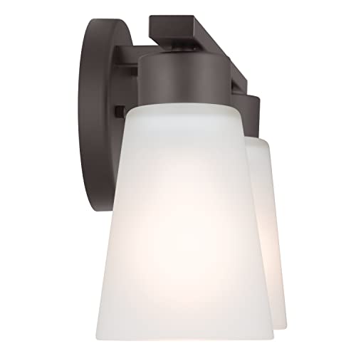 Image of Kichler Stamos 2-Light Bathroom Vanity Light with Satch Etched Glass Shades, 13 inch Modern Wall Light in Olde Bronze, (13 inch x 8 inch x 5 inch)