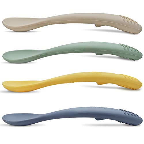 Image of Silicone Baby Feeding Spoons 4 Pack, TotAha Ergonomic Self-feeding with Teether Toddler Utensils, Soft-Tip Infant Spoons, Curved Upwards & Wide Handle, Easy to Grip & Hold for First Stage Baby