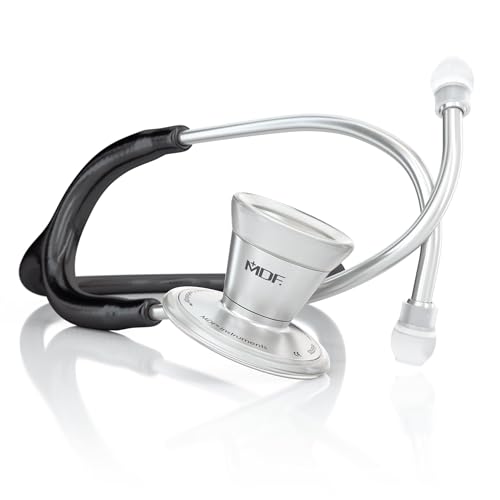 Image of MDF ProCardial Cardiology Stethoscope, Stainless Steel, Adult, Dual Head, Black Tube, Silver Chestpiece-Headset, MDF79711