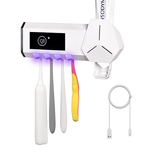 SHUKAN Toothbrush Sanitizer with Toothpaste Dispenser ,Toothbrush Holder Wall Mounted 2600mAh Charging, 4 Toothbrush Slots Toothbrush Holder Bathroom Organizer for Ladies Men Baby Kids Family