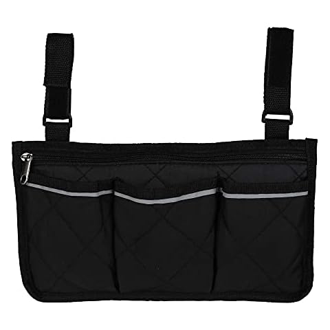 ODOMY Wheelchair Side Bag Armrest Accessories Storage Bag with Pouches Hang on Side with Bright Line Waterproof Organizer for Wheelchair Walker Pouches Walkers Electric Scooters Mobile Chairs (Black) Cover