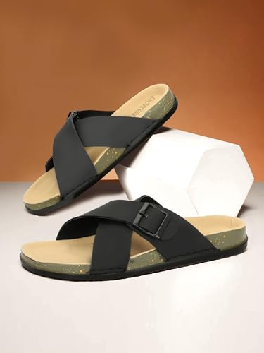 Image of Men Cross Strap Buckle Slippers | Casual Sandals for Men | Comfortable Footwear | Stylish Slip-On Sandals | Anti-Slip Rubber Sole