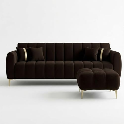 Image of CASASTYLE Hanster 4 Seater L Shape Sofa Set with Movable Ottoman | Flexible Left or Right Layout | Cozy Velvet Fabric | Soft Touch Seating with Golden Legs | Sofa for Living Room (Dark Brown)