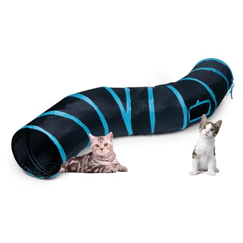 TJT 猫トンネル 長い レインボー トンネル 120cm 可水洗いS形長い２穴付き 折りたたみ式 キャットトンネル 収納便利 猫の遊び場、運動不足解消、ストレス発散 (ブラック, S)