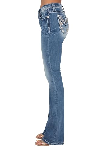 Miss Me Women's Mid Rise Spring Flowers Bootcut Jeans with Faux Flap Pockets3