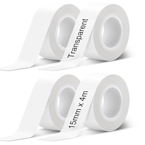 4 Rollen Etikettenband 15mm x 4m Endlos-Etikettenband Kompatibel mit PRT QUTIE Makeid L1 Phomemo D30 Wasserfeste Etiketten für Barcode Name Datum (2 Rollen Weiß + 2 Rollen Transparent)