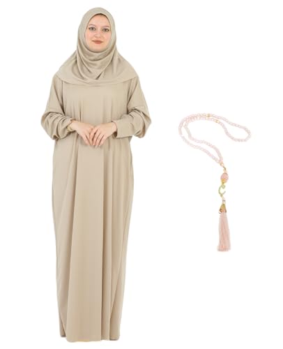 Modish Group Women Prayer Clothes with Hijab Muslim Outfits Long Robe Abaya Turkish Islamic Dresses Dubai Kaftan with Rosary (Mink, One Size)