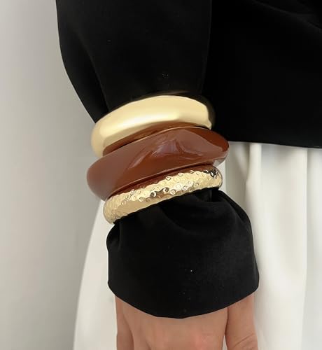 Image of Chunky Gold Bangle Bracelets for Women, Dainty 14k Gold Plated Big Stackable Bangles Set, Trendy Statement Cuff Bracelet Stack Fashion Jewelry Gifts