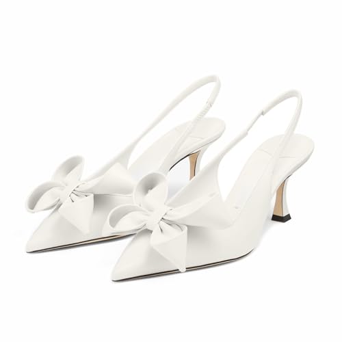 Goolita Bow Pointed Toe Slingback Heels for Women, Curved Kitten Heel Elasticated Ankle Strap Dress Pumps Sexy Slip On Wedding Evening Pumps Shoes