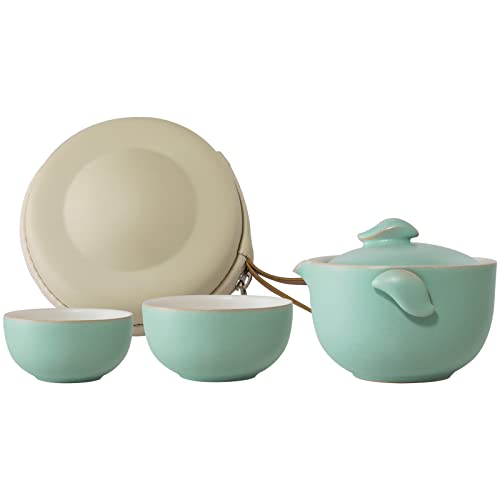 Heer Chinese Gaiwan Tea Set For Loose Leaf Tea, Ceramic Portable Travel Kungfu Teapot With 2 Teacups For Adults, Japanese Style Tea Accessories For Tea Lovers. (Cyan) #TOP21