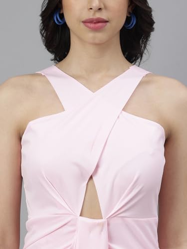 Image of Women's Elegant Draped Halter Neck Gown - Stylish Front Knot Cut-Out Evening Dress with High Slit - Outfit for Parties, Weddings & Special Occasions