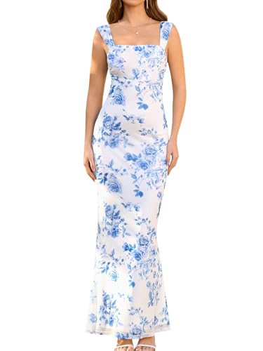 EYNMIN Women's Summer Floral Maxi Dress Square Neck Sleeveless Mesh Bodycon Long Wedding Guest Dresses White Floral M