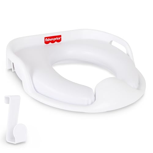 Fisher-Price™ Ready & Steady Potty Seat – Deluxe Soft Padded Potty Ring with Handles, Splash Guard, and Storage Hook for Toddlers Potty Training, White