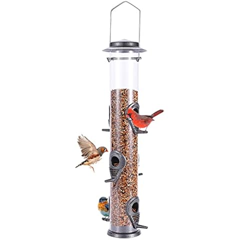 MIXXIDEA Metal Wild Bird Feeder,Squirrel Proof Bird Feeders for Outside,Hanging 6 Port Tube Bird Feeder Transparent Finch Bird Feeder for Attracting Birds in Your Lawn, Garden, Balcony-Gray Cover