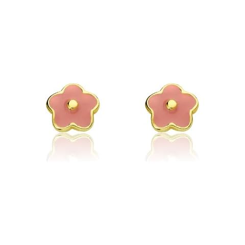 Little Miss Twin Stars Earrings for Girls - 14k Gold-Plated Frosted Flowers Pink Enamel Flower Stud Earring, Stainless Steel, enamel Cover