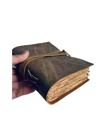 Vintage Leather Journal - Antique Handmade Deckle Edge Vintage Paper Leather Bound Journal - Book of Shadows Journal - Leather Sketchbook - Drawing Journal - Great Gift (Vintage Brown, 7.5"x5.5")