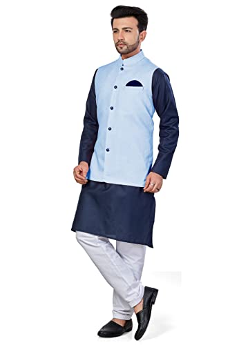 Image of BE ACTIVE Linen Blend Solid Pattern Trendy Comfortable Stylish Full Sleeve Kurta Pajama Set with Jacket Nehru Style Koti for Men's Ethnic Wear