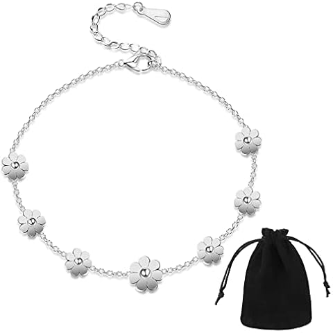 Daisy Anklet Seven Flowers Ankle Bracelet Silver Anklets for Women Adjustable Ankle Chain Dainty Women's Anklets with Gift Bag for Women Girls Jewelry Gift Cover
