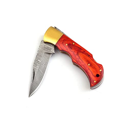 Handmade Damascus Pocket Knife For Men |Tactical Folding Pocket Knife With Lock | Best Knife For Fishing, Camping, Hiking | Damascus Steel Blade Foldable Hunting Knife With Horizontal Carry Sheath (Red) #TOP3